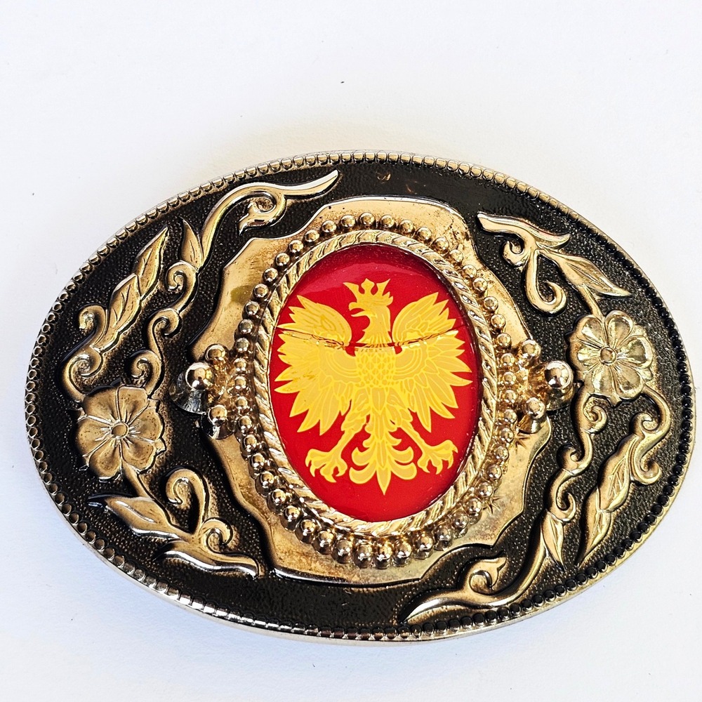Vintage Polish Plate Style Steel Belt Buckle Austrian Slavic Eagle Gold Heraldic